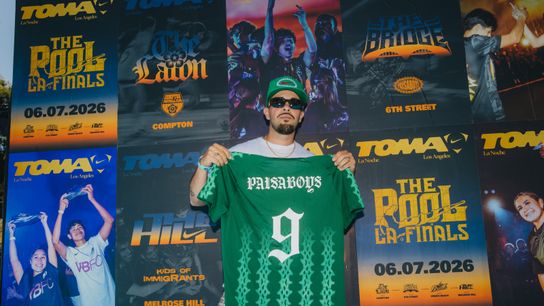 Joey Barba posing with NIKE X PAISABOYS jersey at the Toma La Noche – LA Finals at Griffith Park Pool, Los Angeles, June 7, 2026.