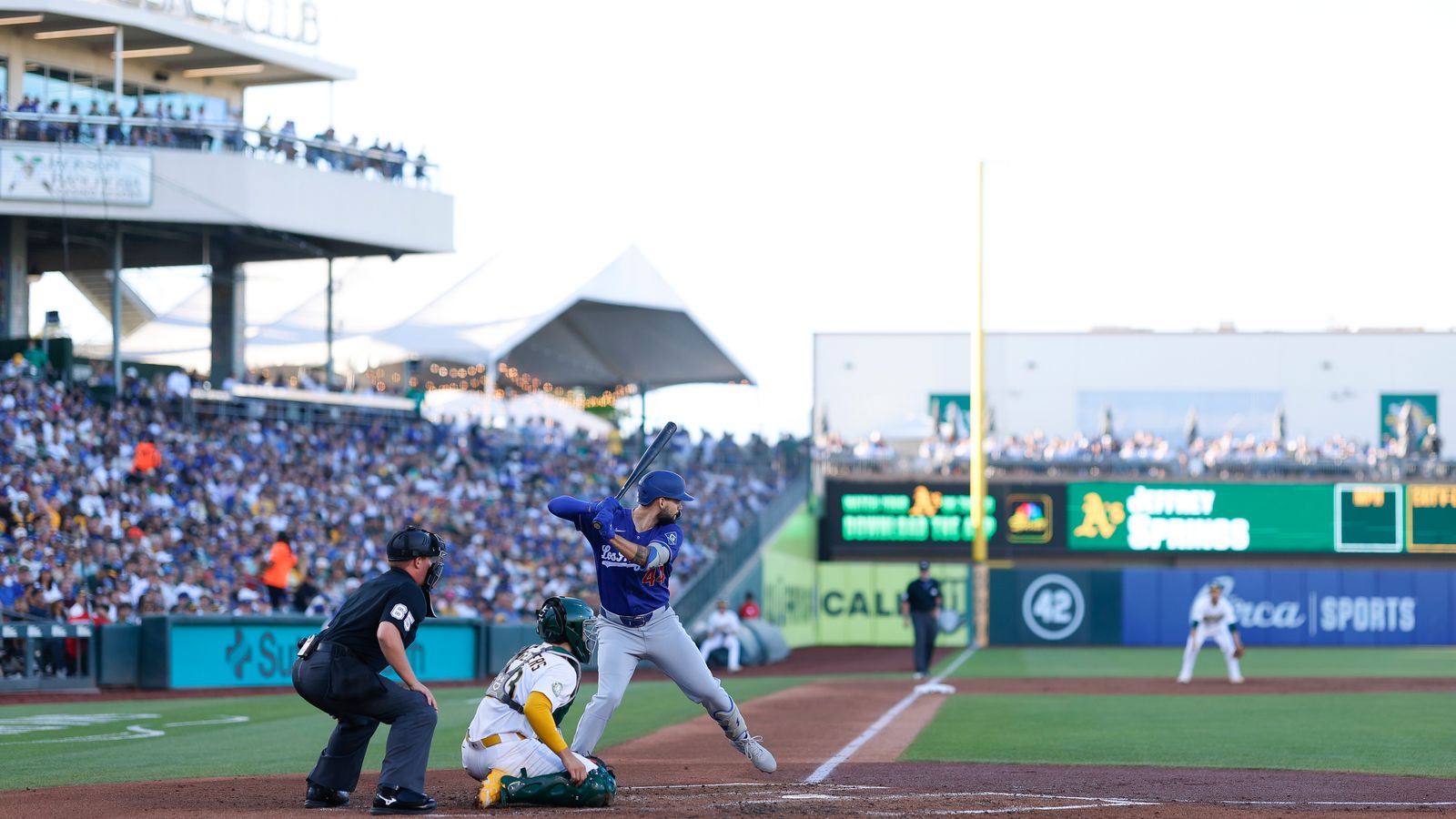 Andy Pages bats against the Athletics, Sutter Health Park, June 30, 2026