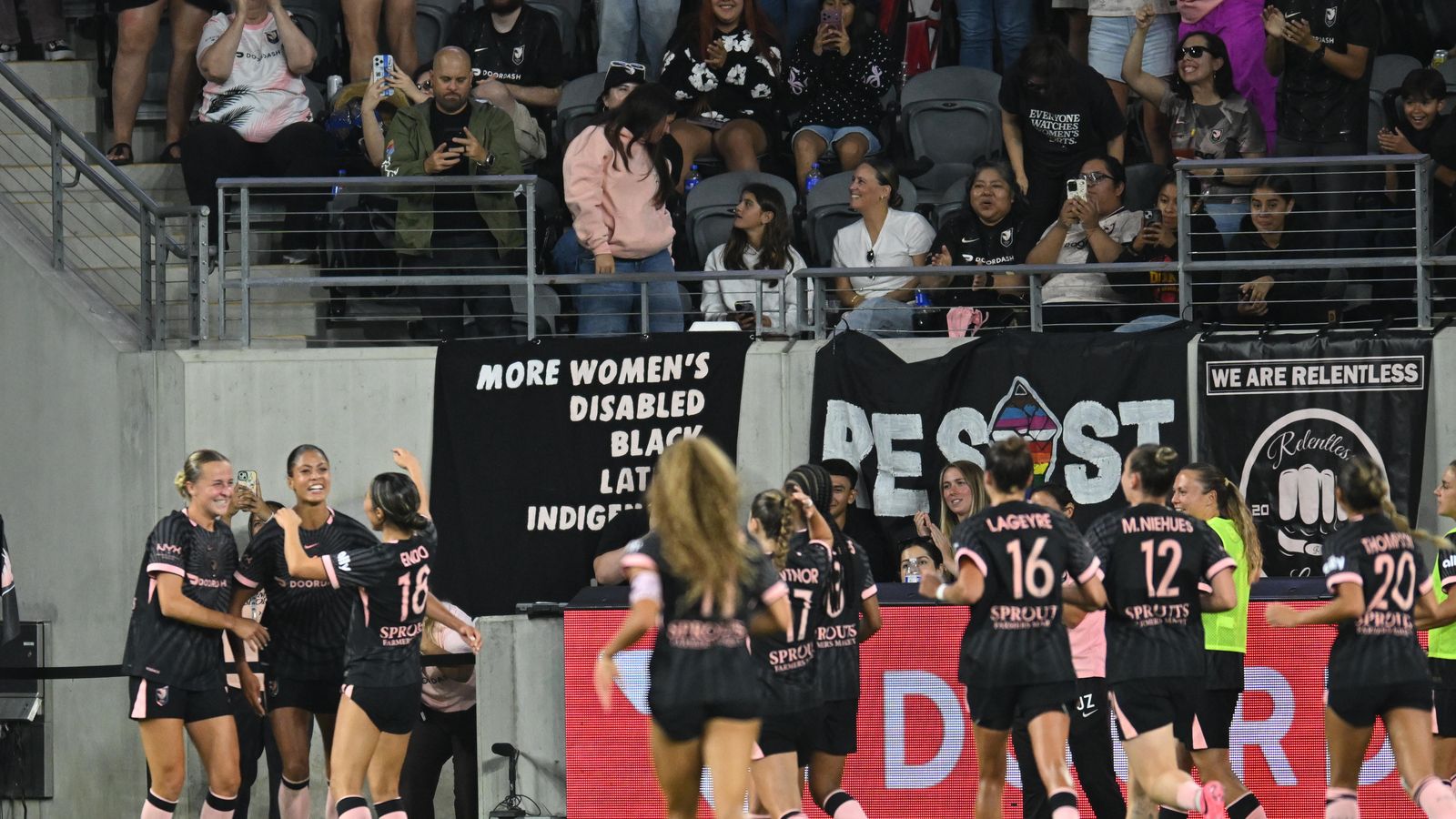 Sveindis Jonsdottir celebrates a goal with her teammates