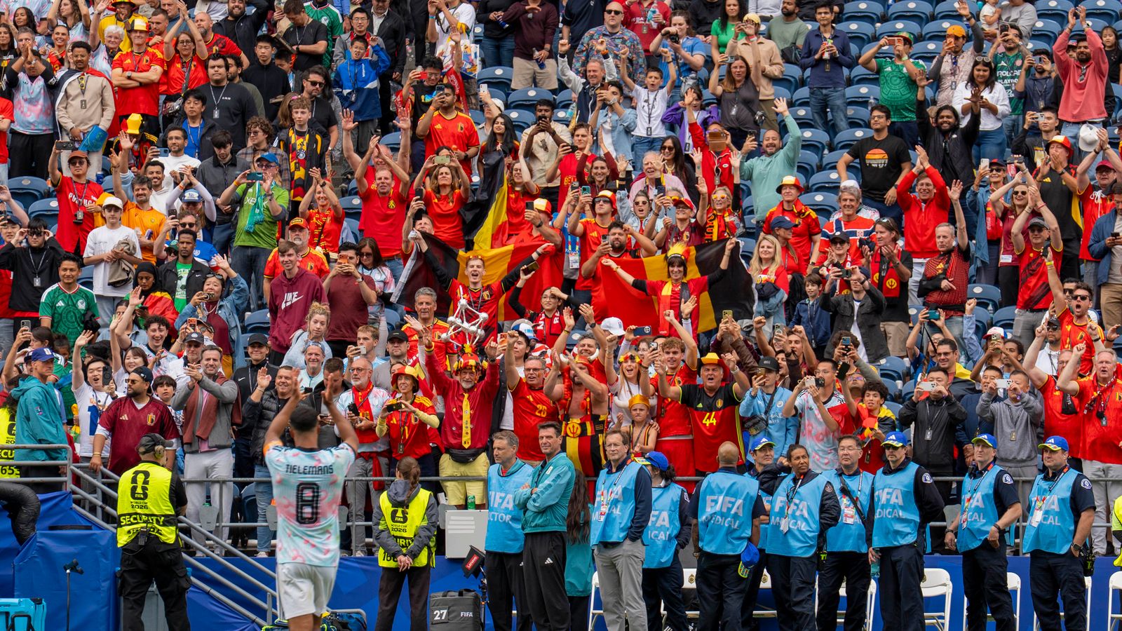 Lamine Camara cheers with fans post-match at Lumen Field