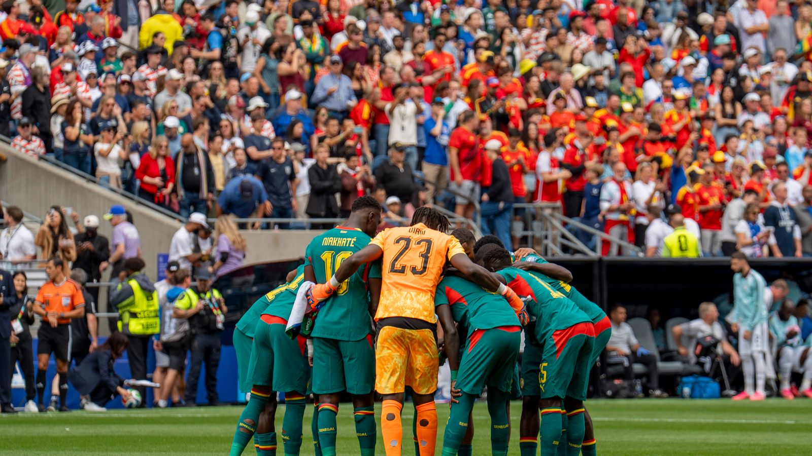 Senegal team huddle before their match against Belgium