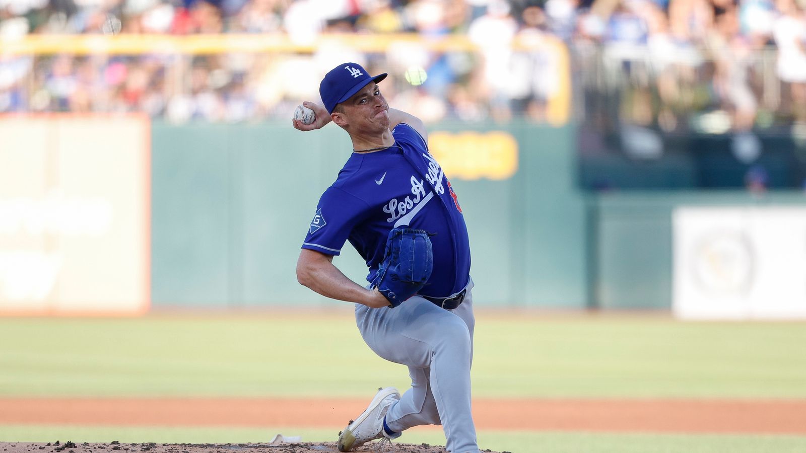 Jack Dreyer #86 pitches for Dodgers against Athletics at Sutter Health Park