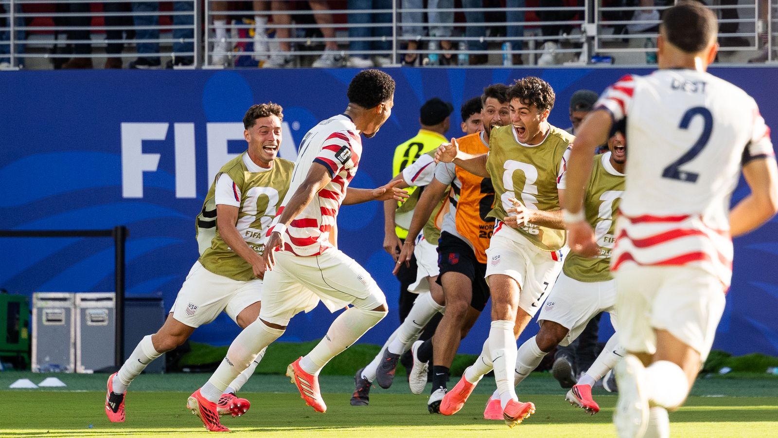 Malik Tilman celebrates a goal with teammates in the FIFA World Cup 2026