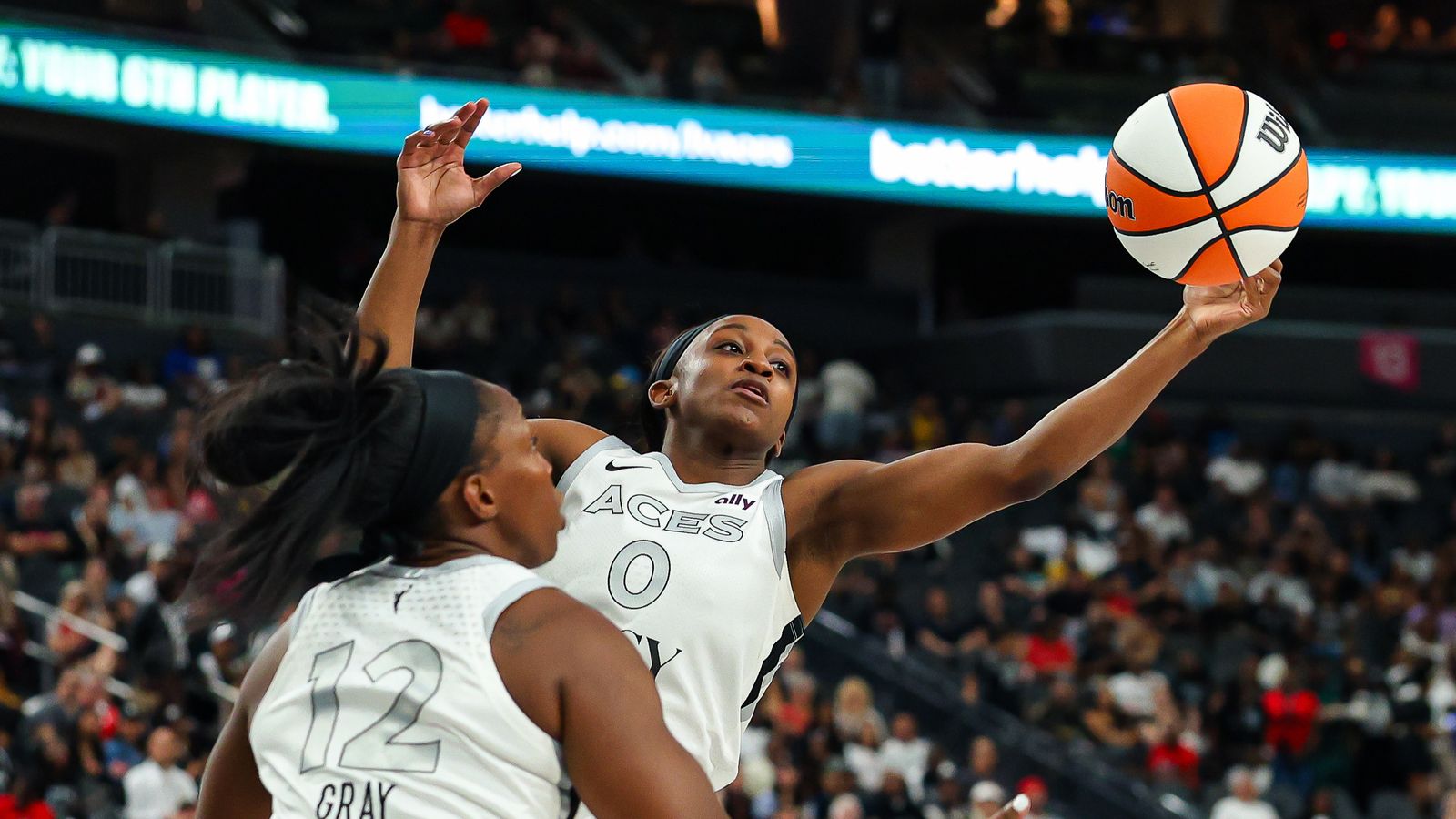 Jackie Young secures a rebound against the Chicago Sky.