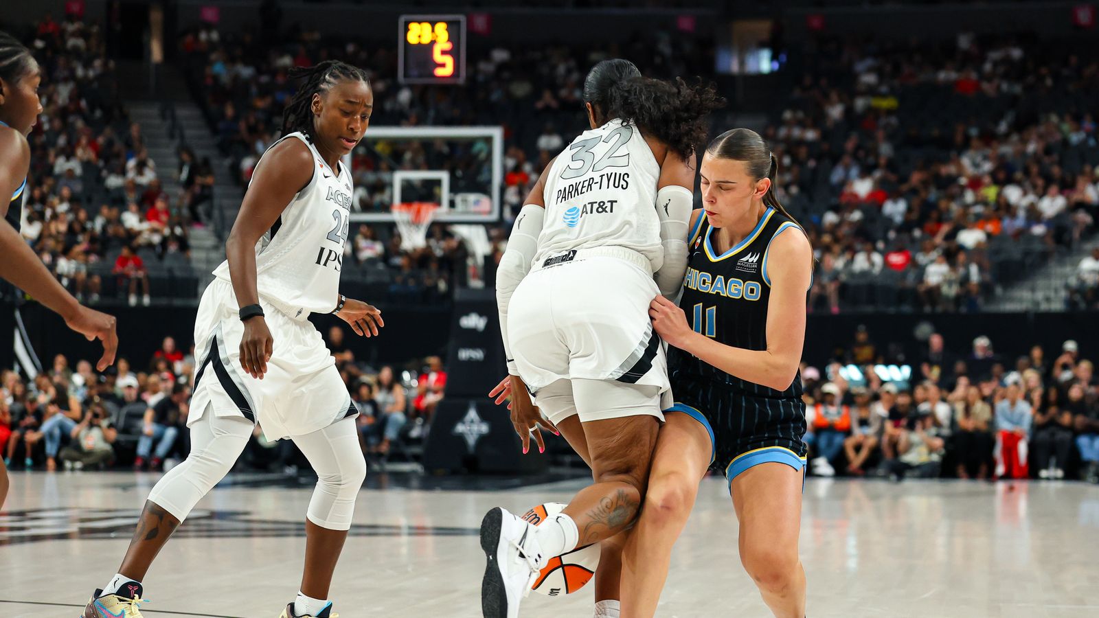 Cheyenne Parker-Tyus draws a foul in a tense moment.