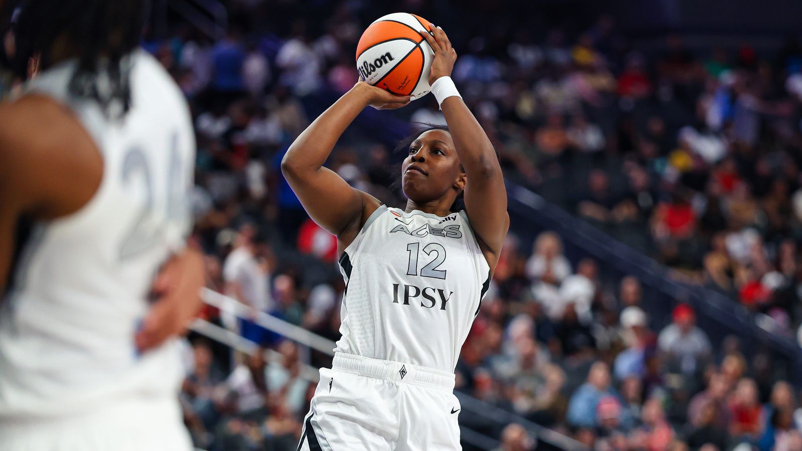 Chelsea Gray shoots during a WNBA game at T-Mobile Arena.
