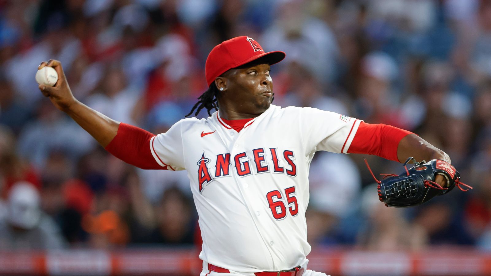Jose Fermin pitching against the Red Sox, Angel Stadium, July 2026