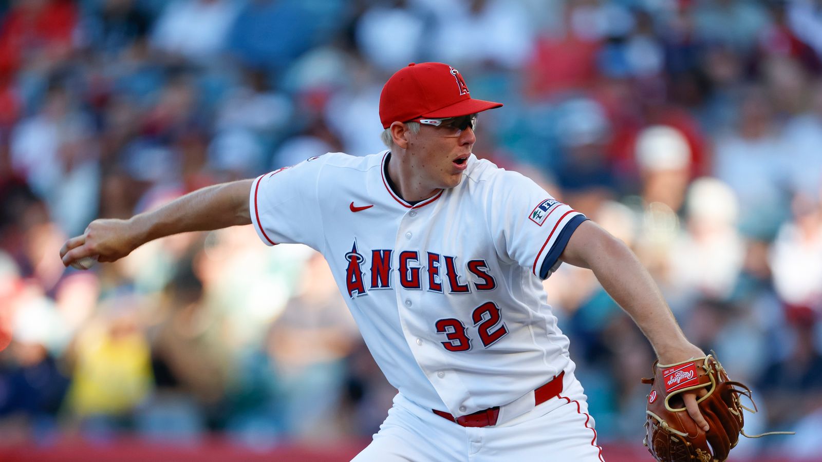 Ryan Johnson pitches against the Red Sox at Angel Stadium, July 2026