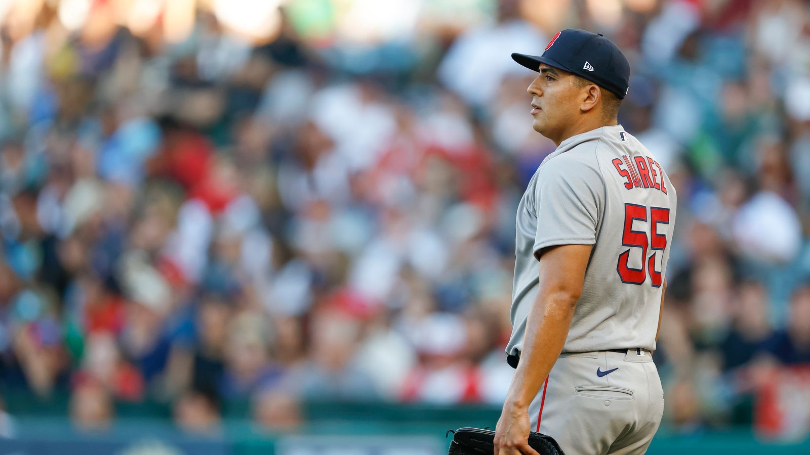 Ranger Suarez reacts during a match at Angel Stadium, July 2026