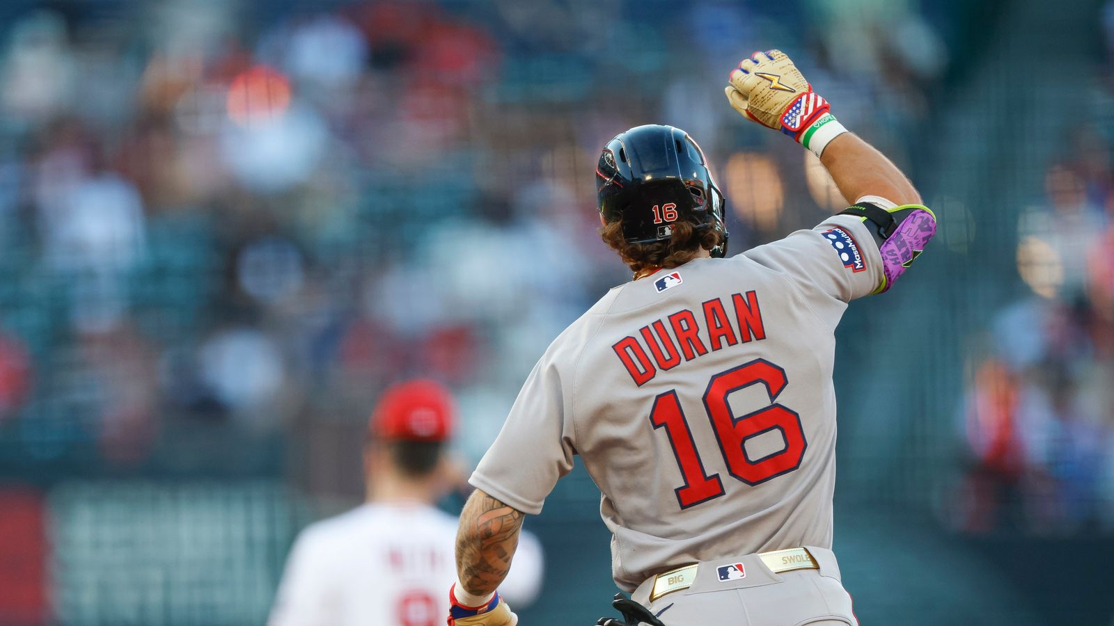 Jarren Duran celebrates a home run at Angel Stadium, July 2026