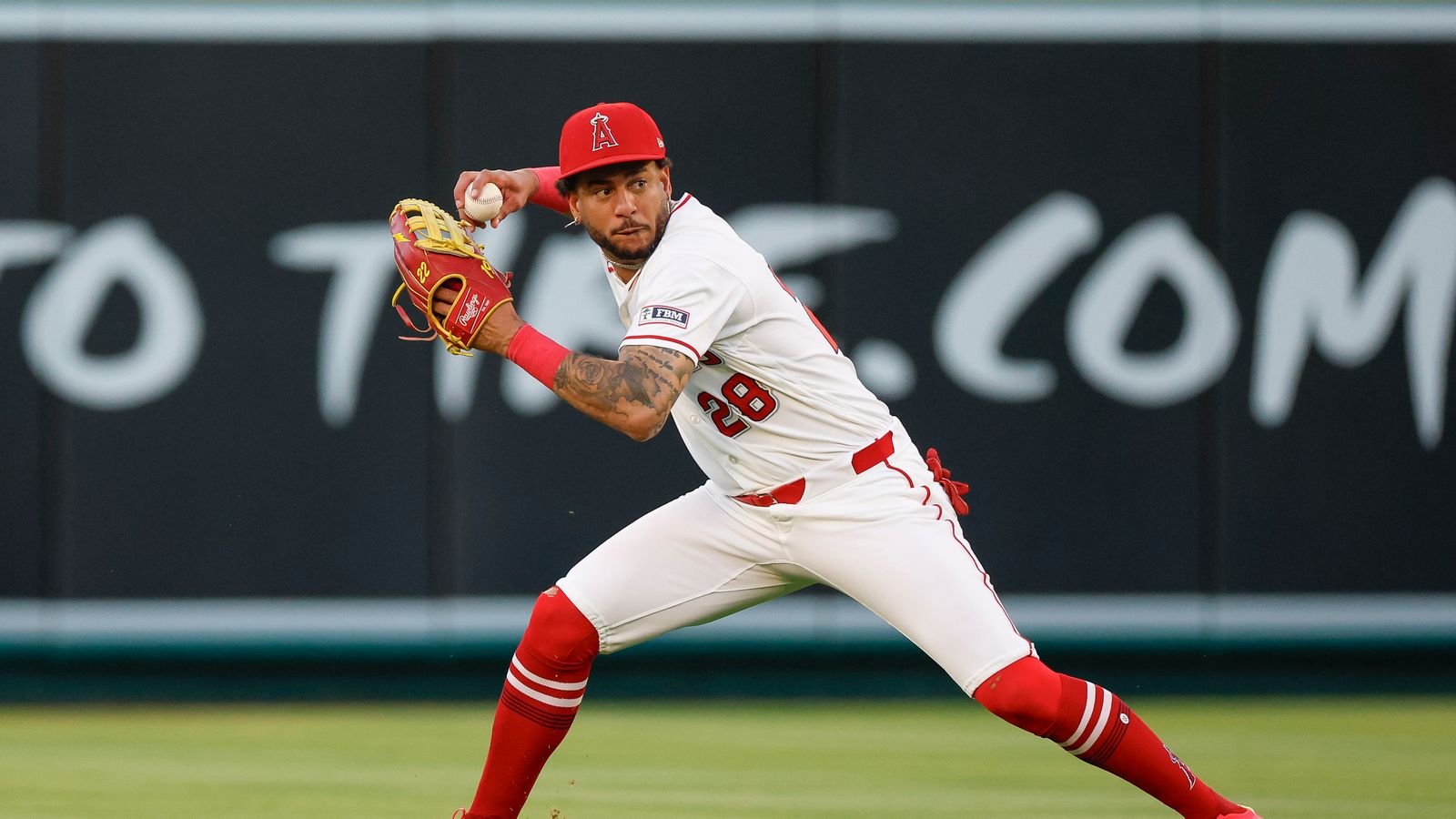 Jose Siri fields a ball at Angel Stadium, July 2026