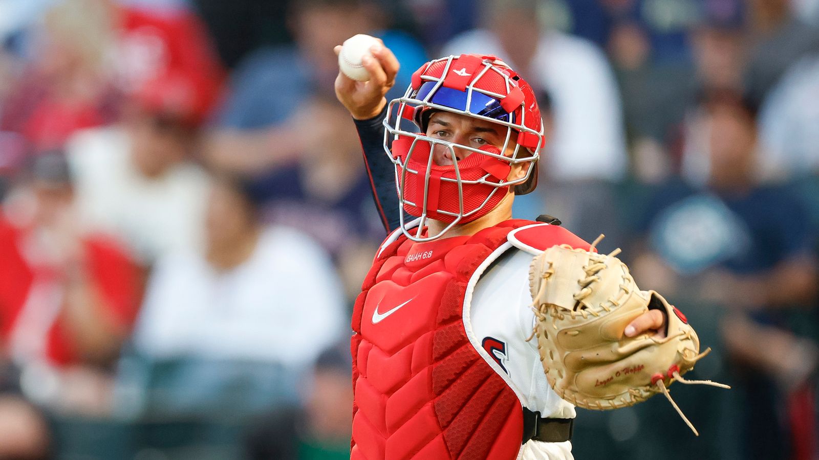 Logan O'Hoppe throws the ball in a game against the Red Sox, July 2026