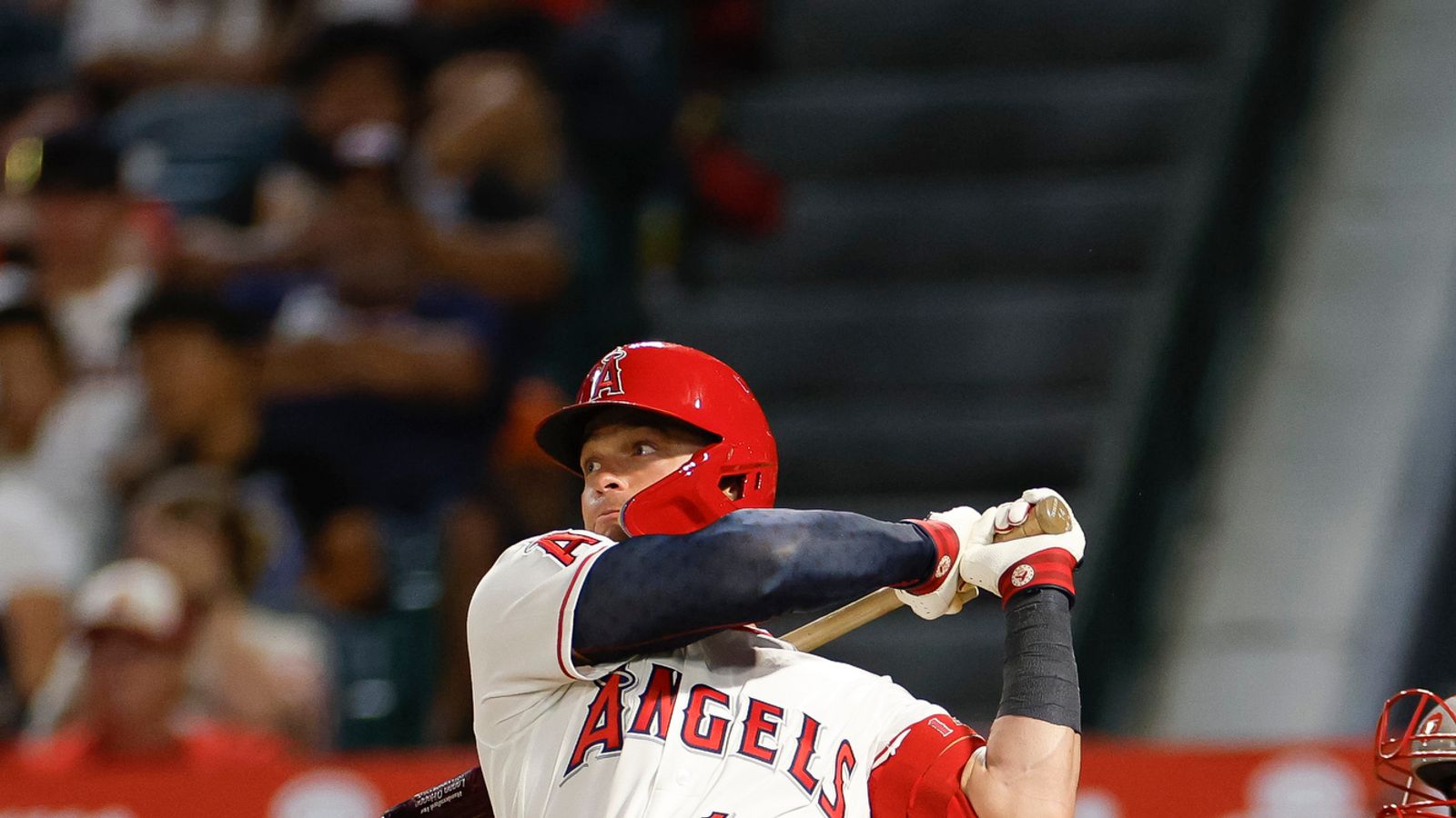Logan O'Hoppe swings the bat against the Red Sox, July 2026
