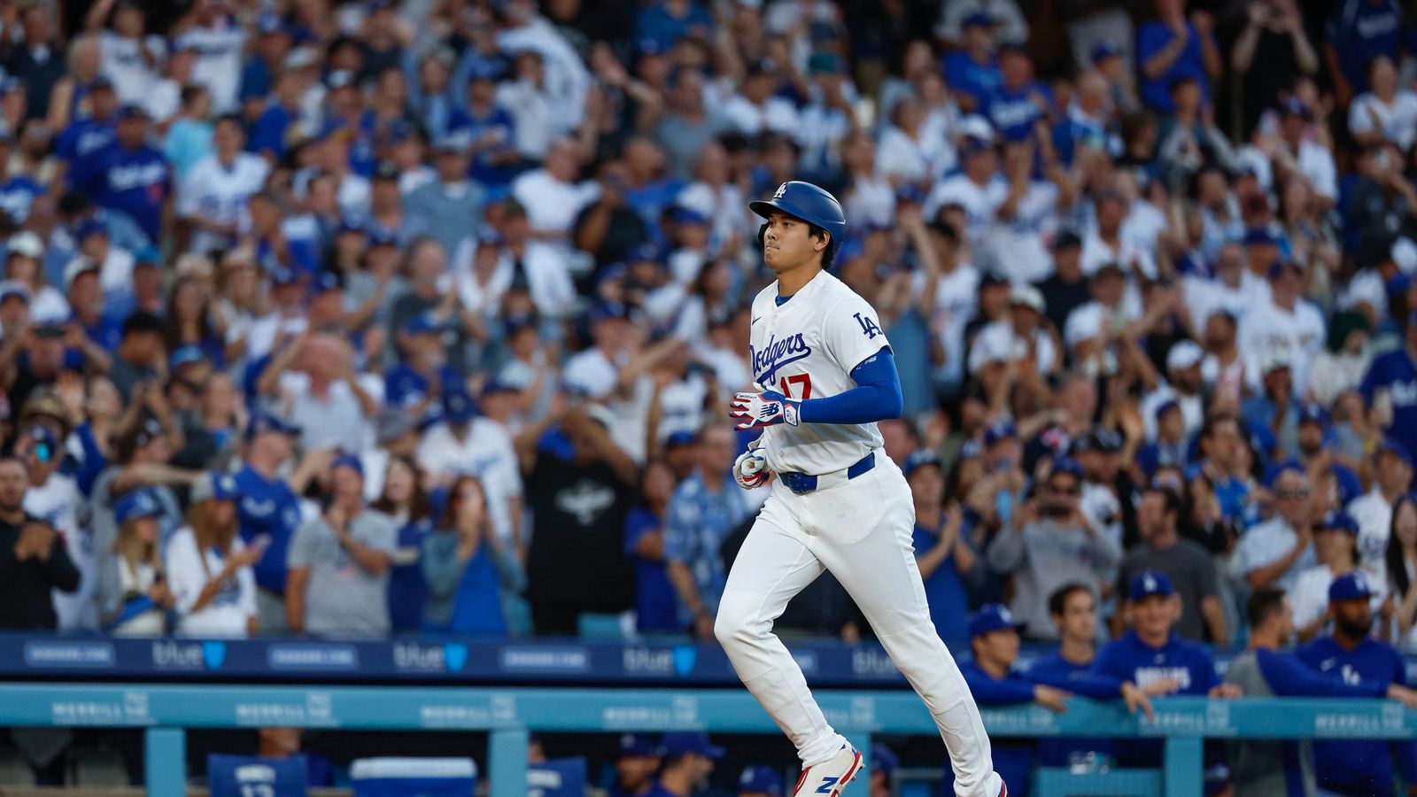 Shohei Ohtani celebrates his home run against the Rockies