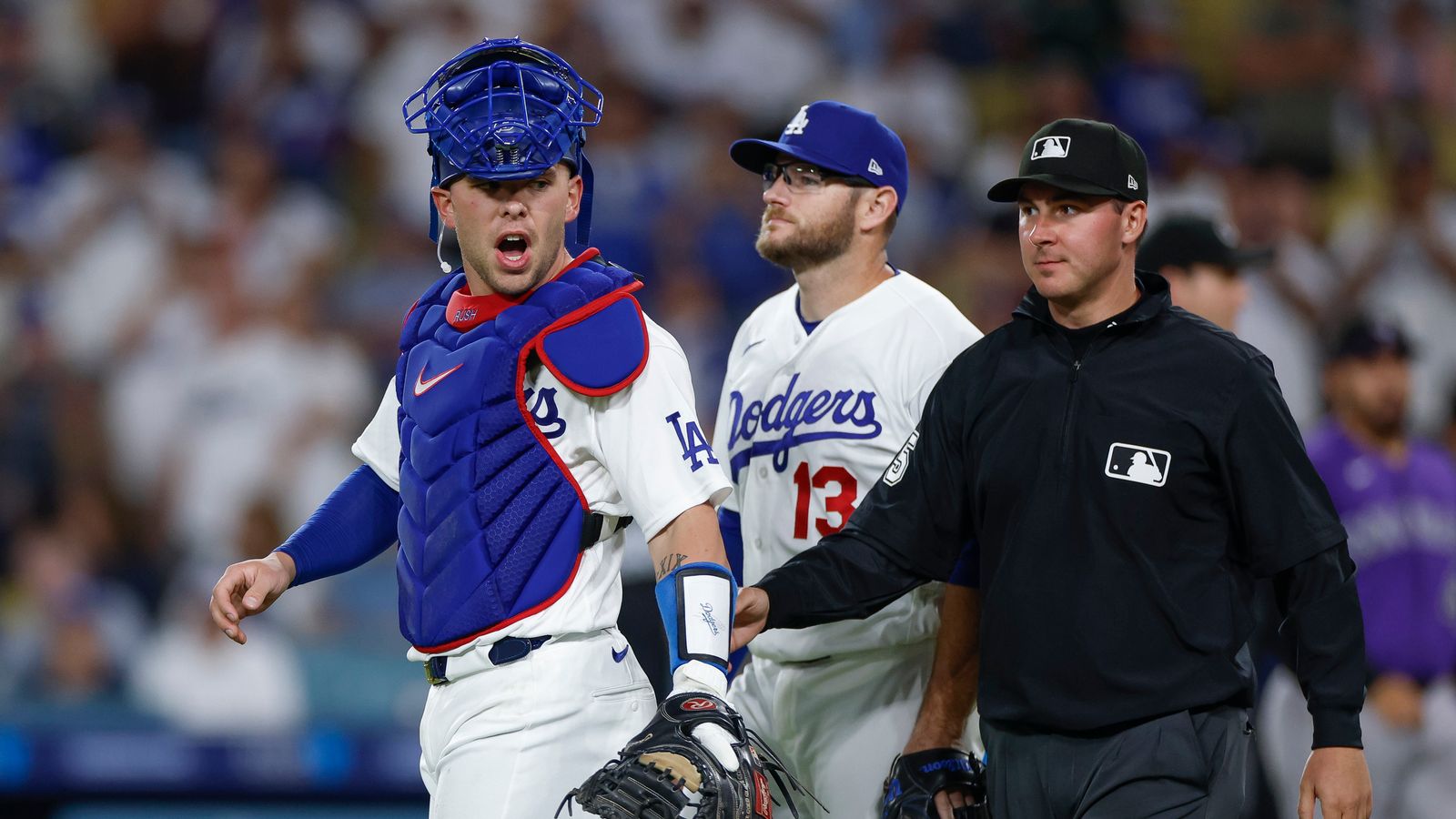 Dalton Rushing reacts during the game at Dodger Stadium