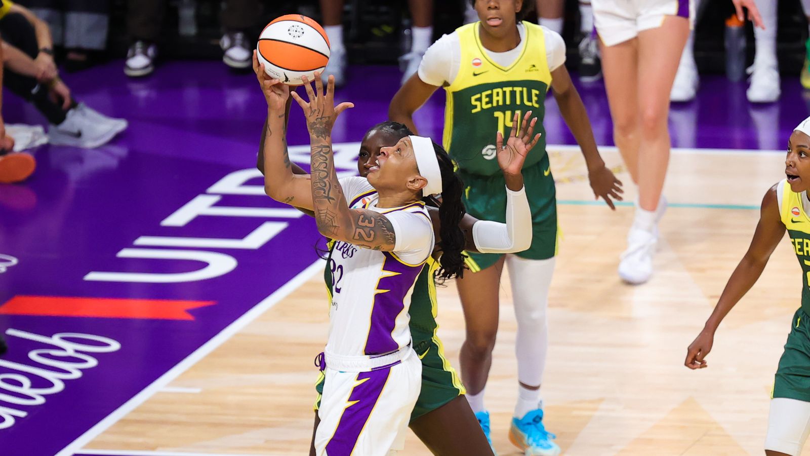 Emma Cannon shooting in a WNBA game vs Seattle Storm.