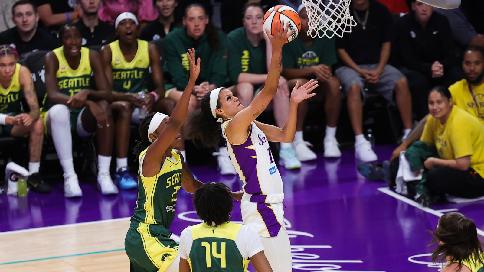 Rae Burrell shoots during a WNBA game vs Seattle Storm.