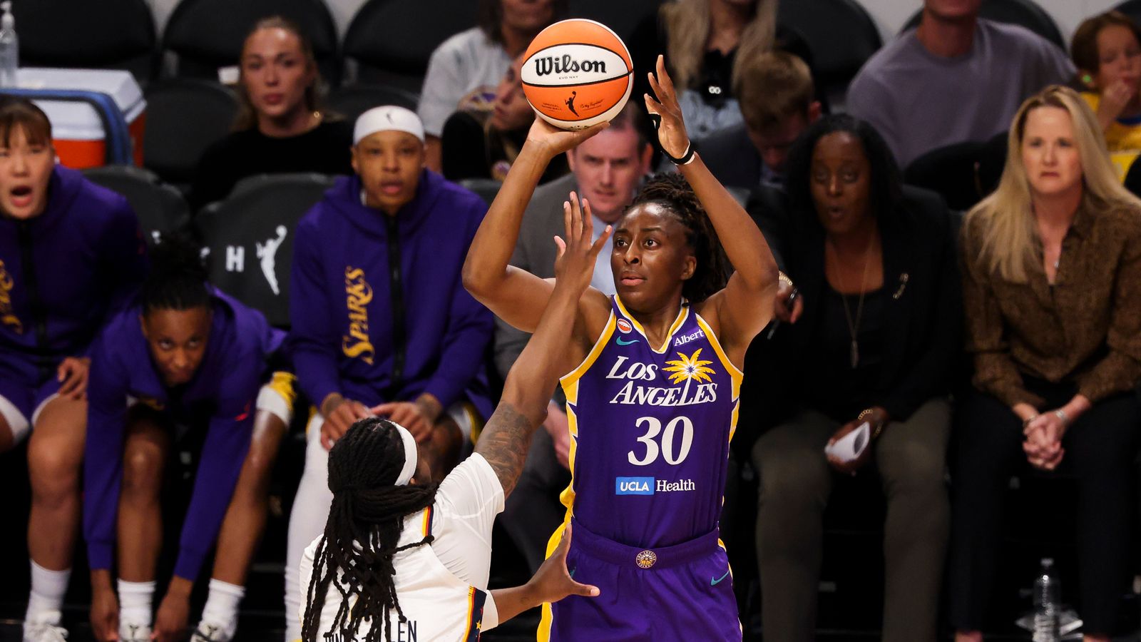 Nneka Ogwumike shoots during WNBA game vs. Indiana Fever