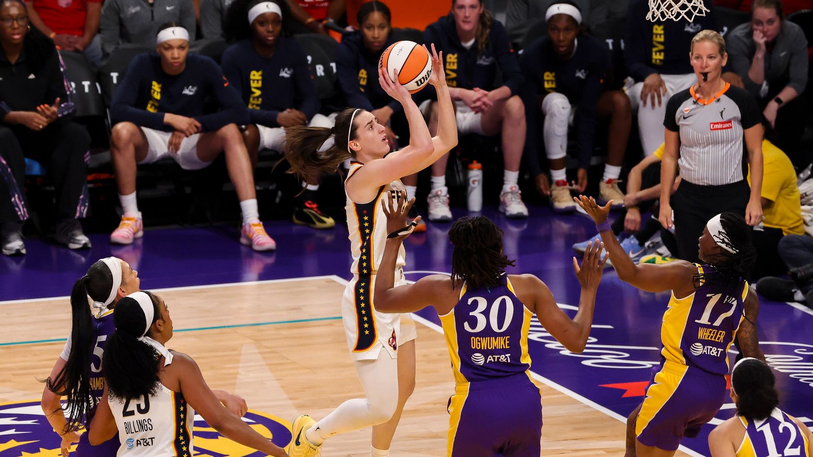 Caitlin Clark shooting during a WNBA game in Los Angeles