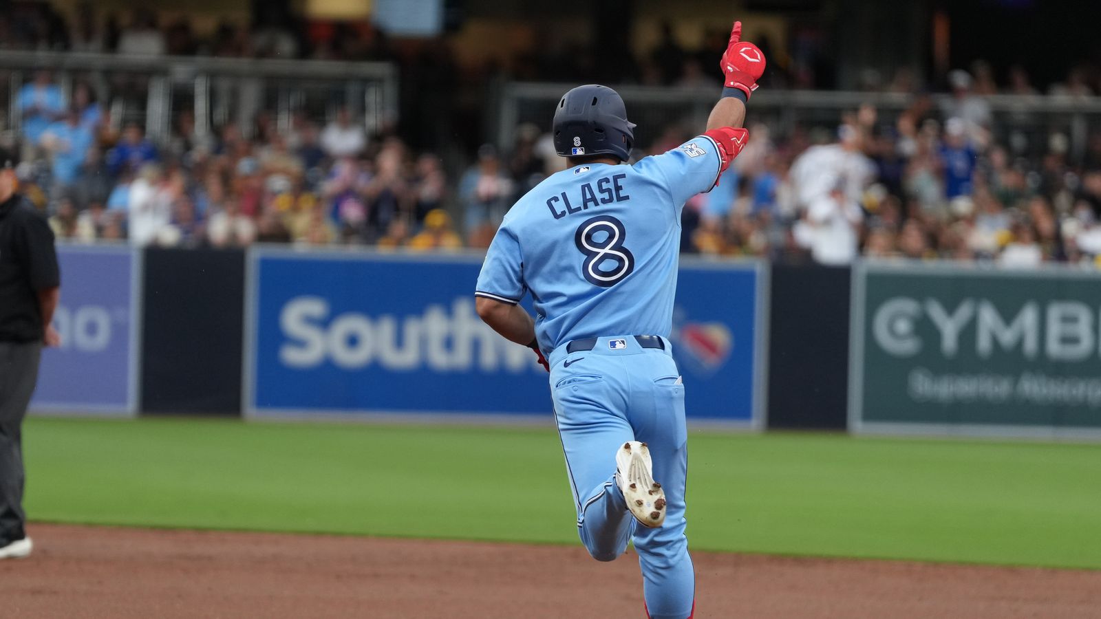 Jonatan Clase celebrates home run against Padres