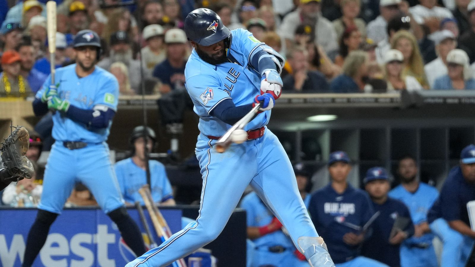 Vladimir Guerrero Jr. hits a foul ball against Padres