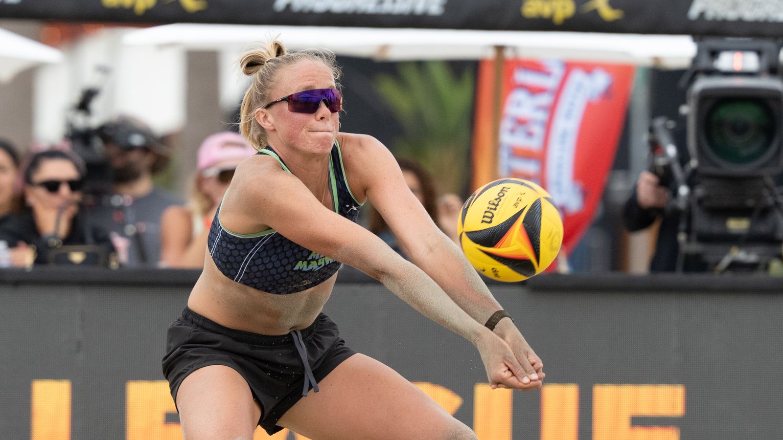 Megan Kraft receives a serve at AVP Long Beach 2026, Alamitos Beach
