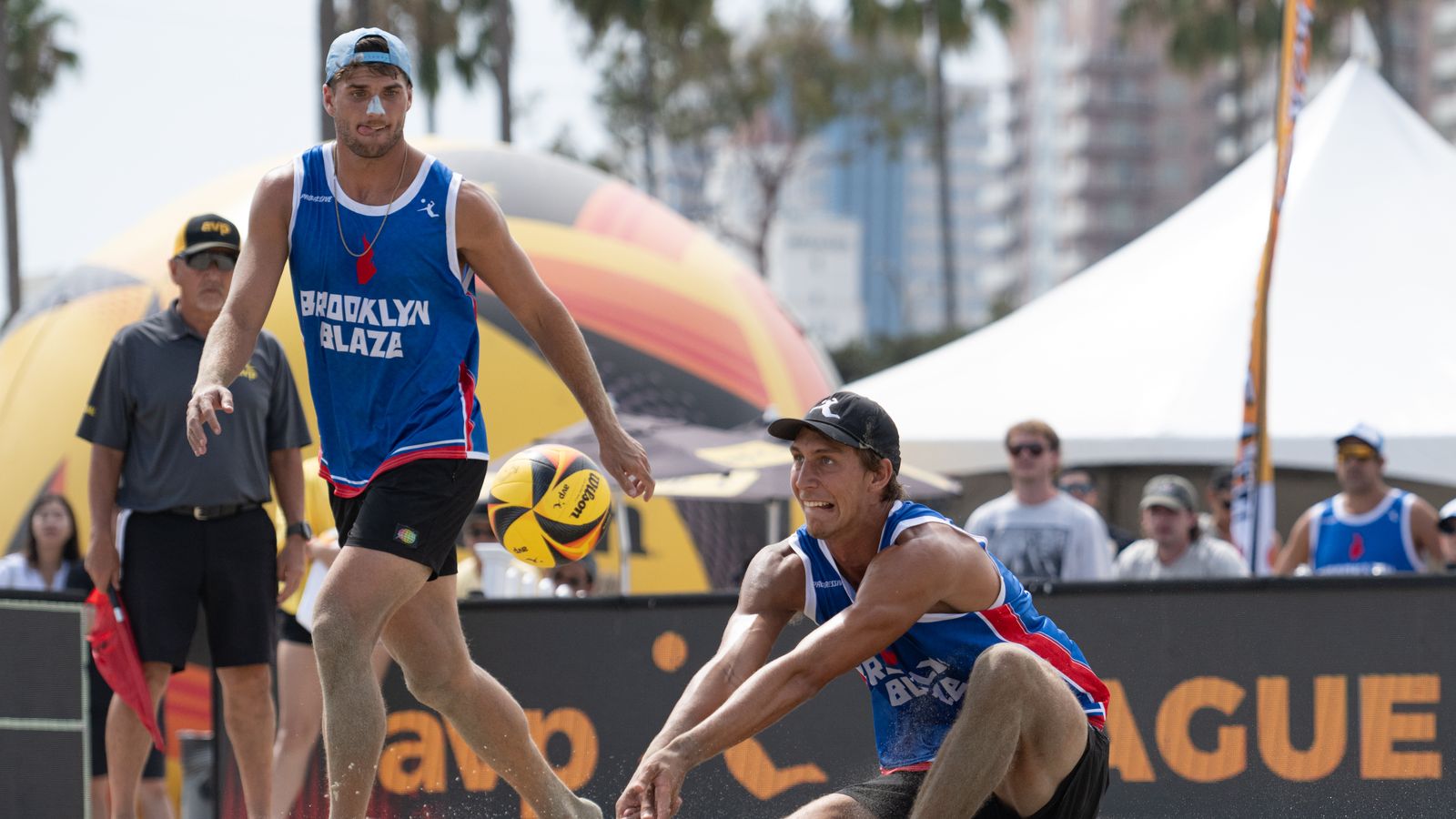 Derek Bradford returns a serve at AVP Long Beach 2026