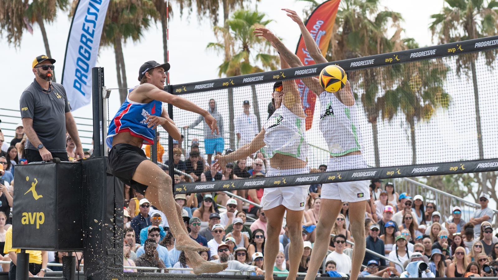 Smith and Webber jump for a double block at AVP Long Beach