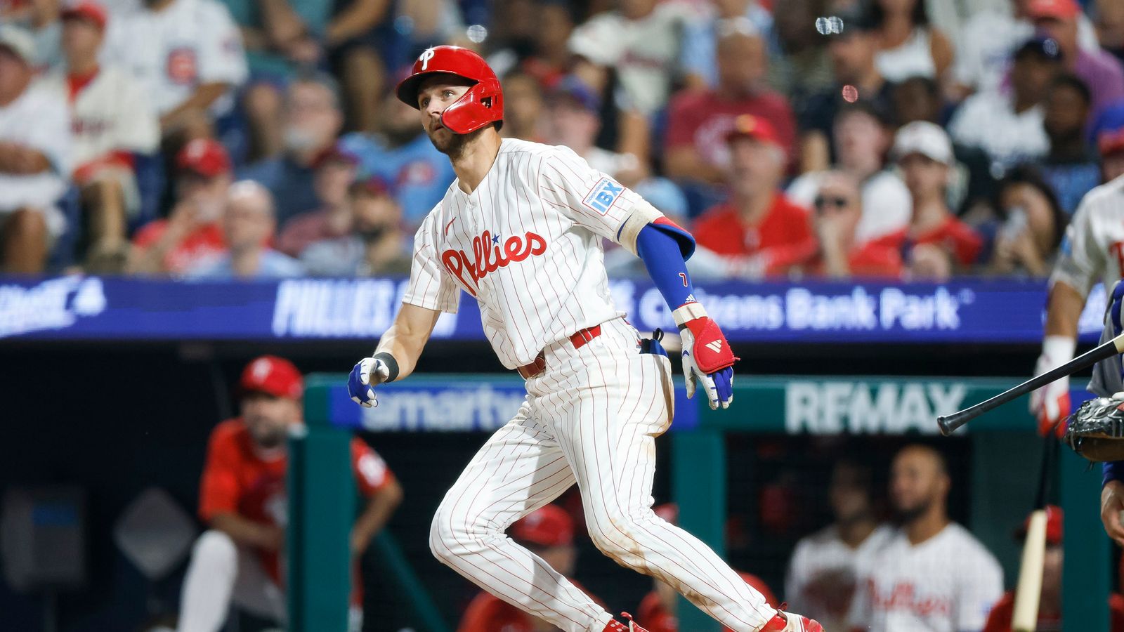 Trea Turner watches his 2nd home run of the game