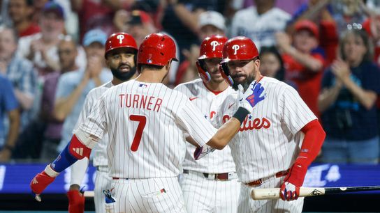 Trea Turner celebrates his 2nd home run against the Dodgers
