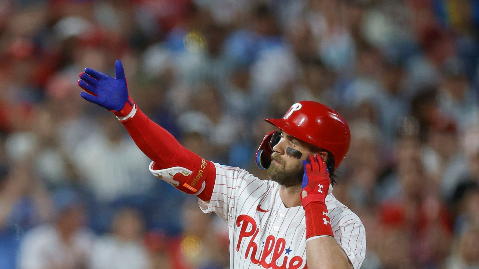 Bryce Harper celebrates at second base, Citizens Bank Park, July 21, 2026