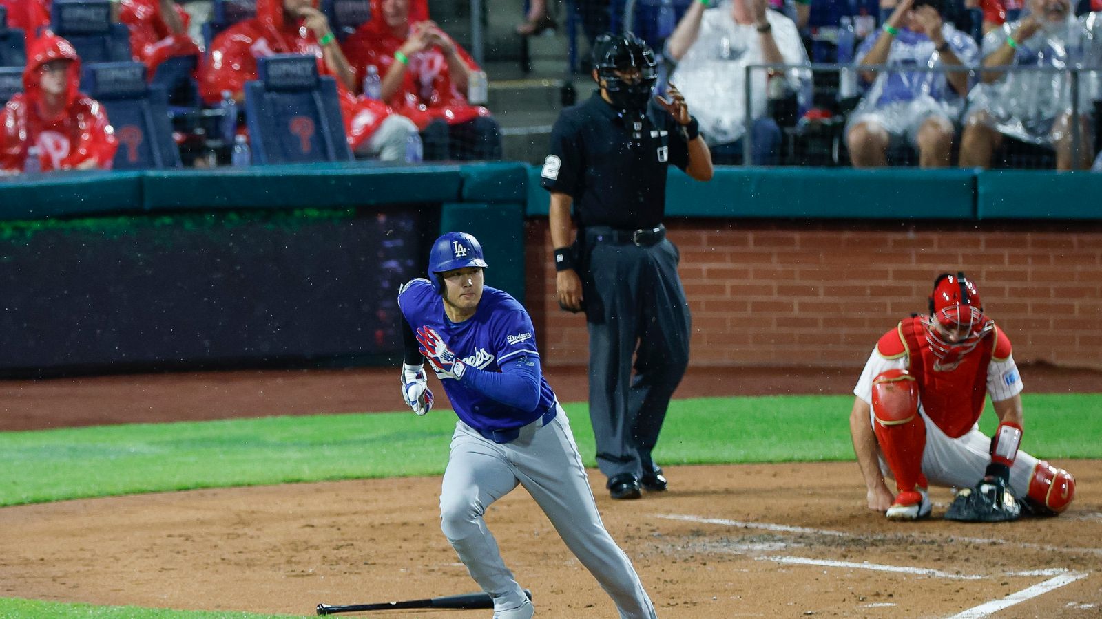 Shohei Ohtani runs to first on a single, Citizens Bank Park, July 21, 2026
