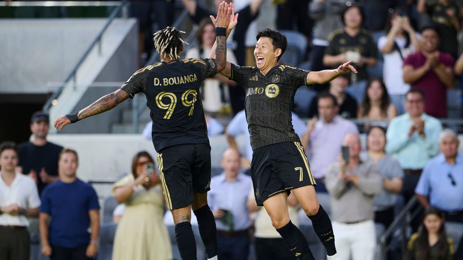 Son Heung-Min and Denis Bouanga celebrate a goal for LAFC