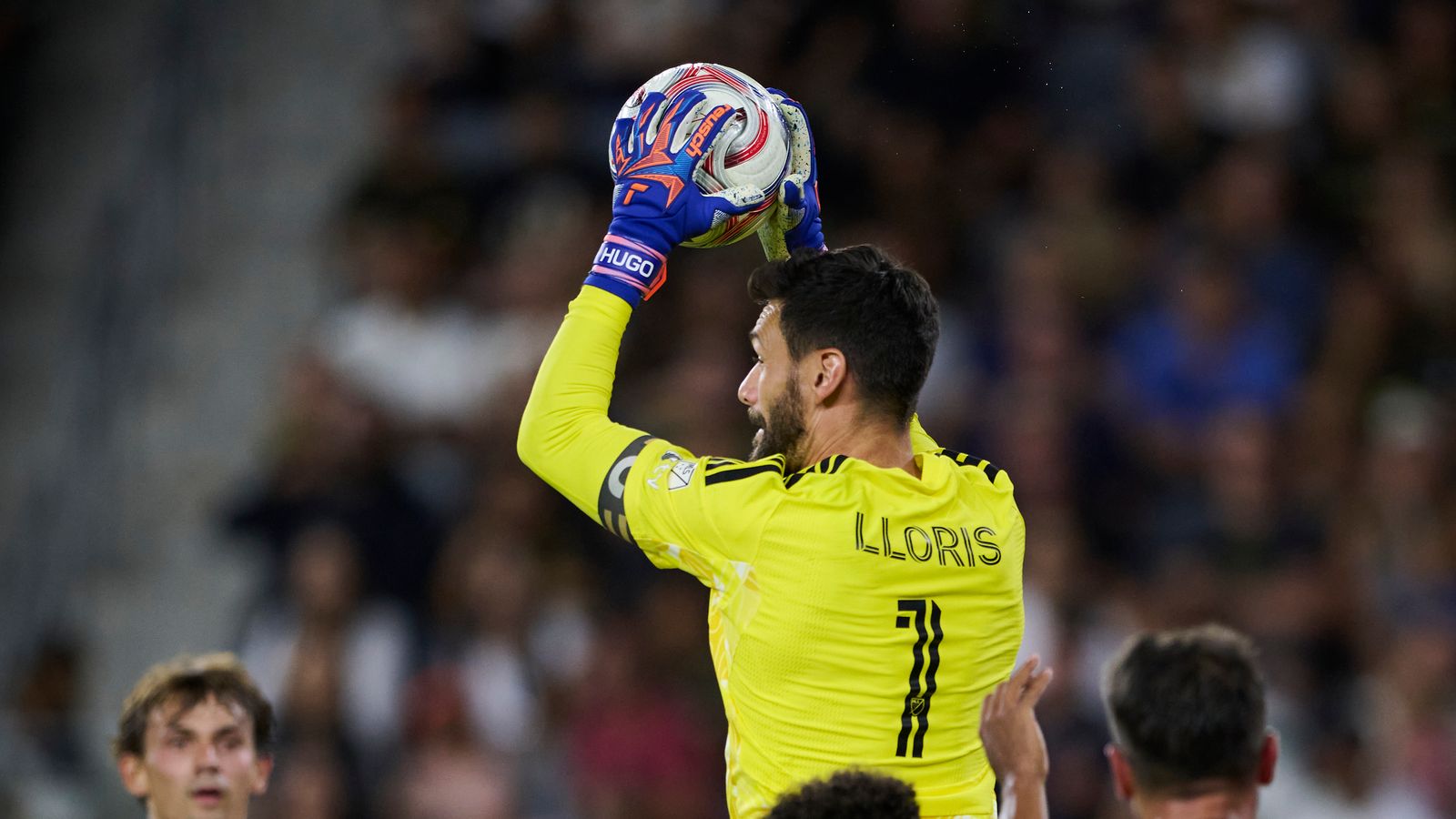 Hugo Lloris in action during a jump at BMO Stadium