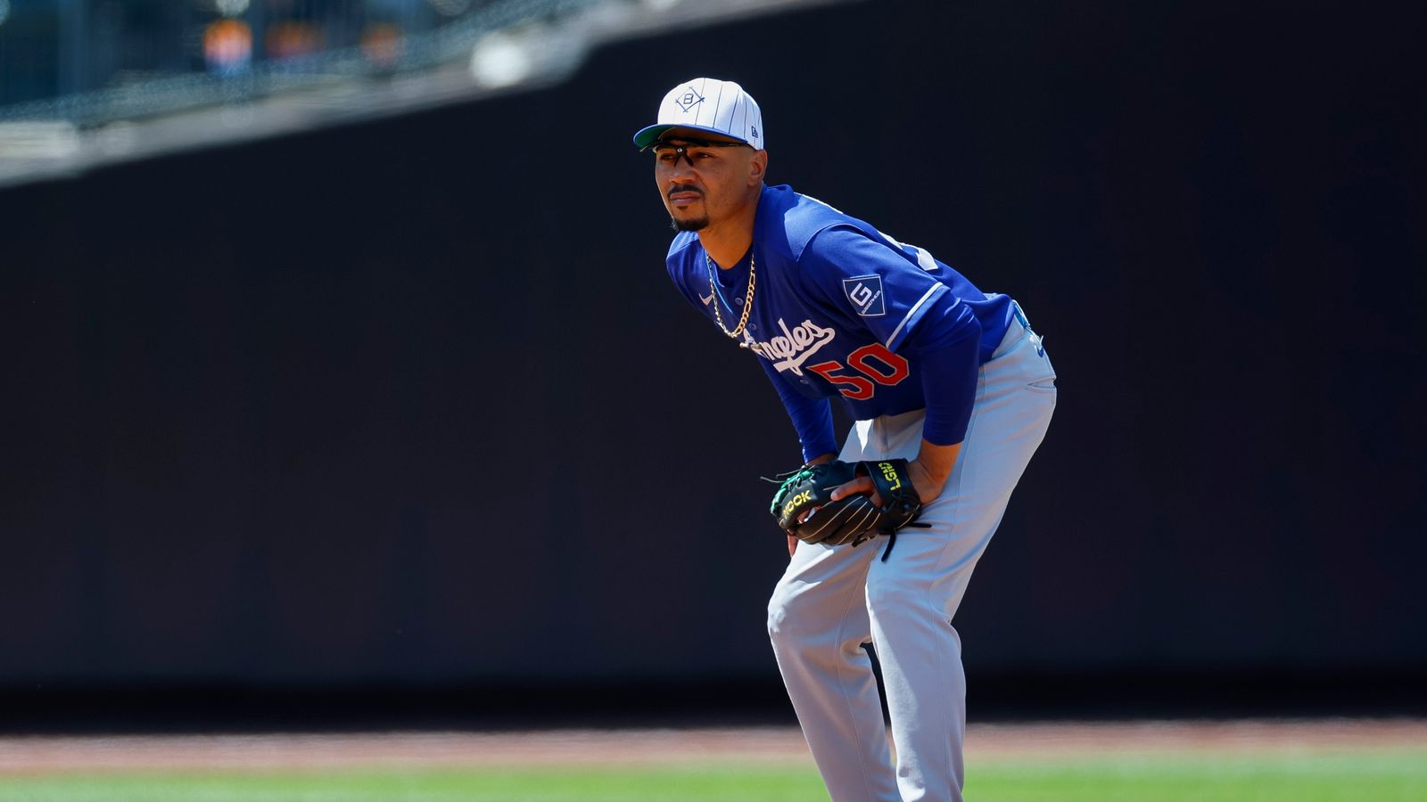 Mookie Betts in defensive stance at Citi Field.