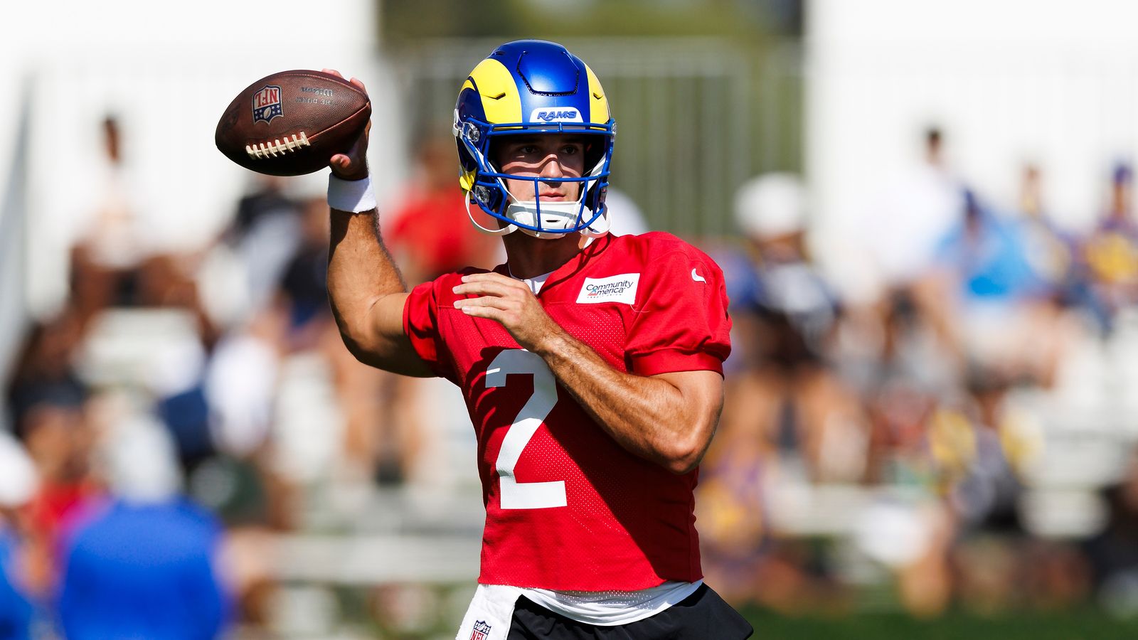 Matthew Caldwell #2 throws at Rams Training Camp
