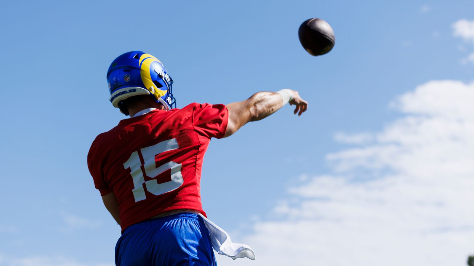 Ty Simpson #15 in action at Rams Training Camp