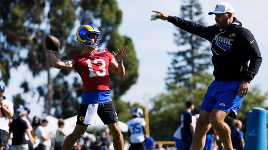 Stetson Bennett IV throws during Rams' training camp, July 2026
