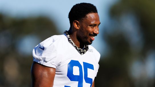 Myles Garrett smiles at Rams' training camp, Loyola Marymount, July 2026