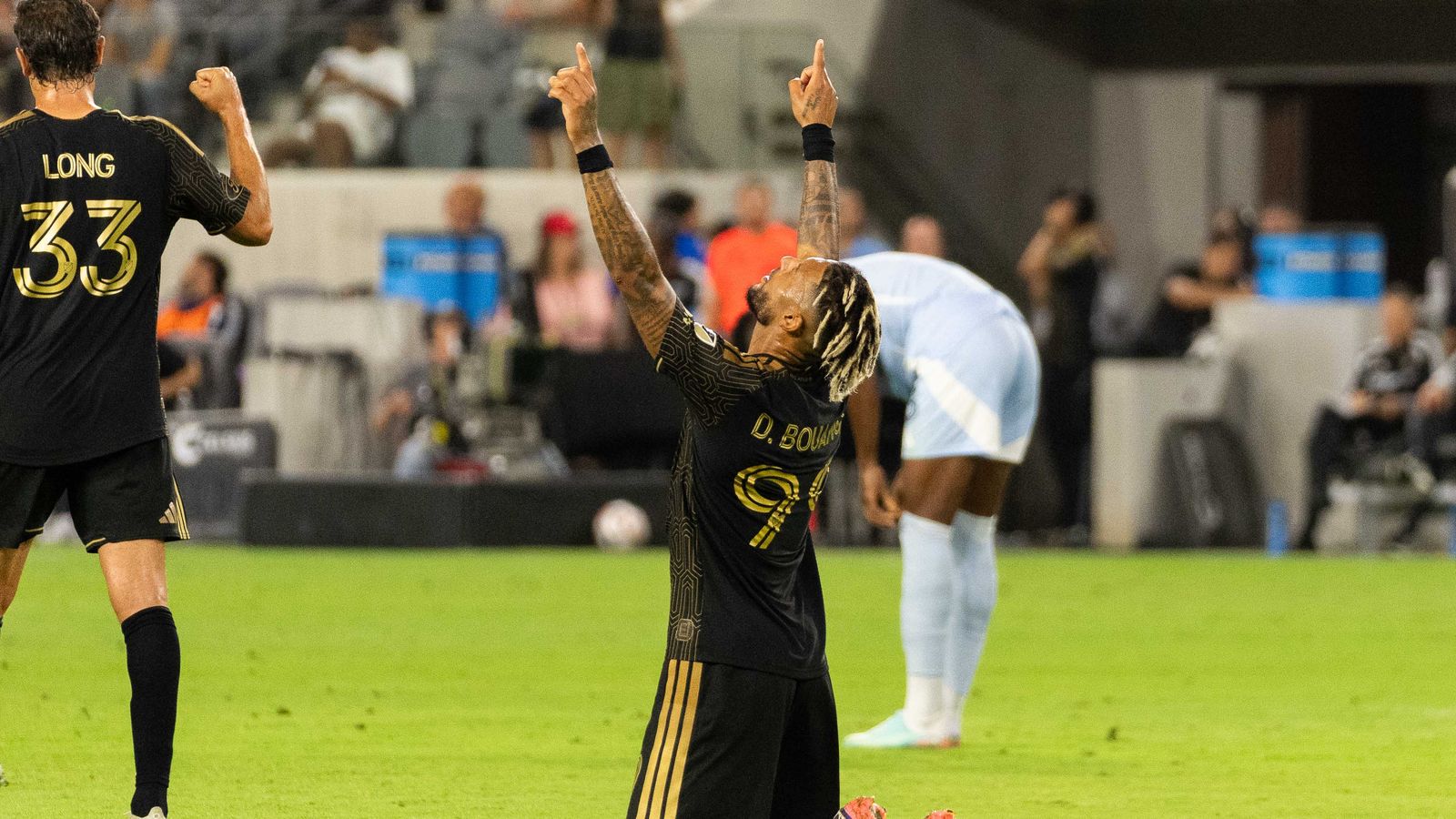 Denis Bouanga celebrates after scoring against KC Sporting
