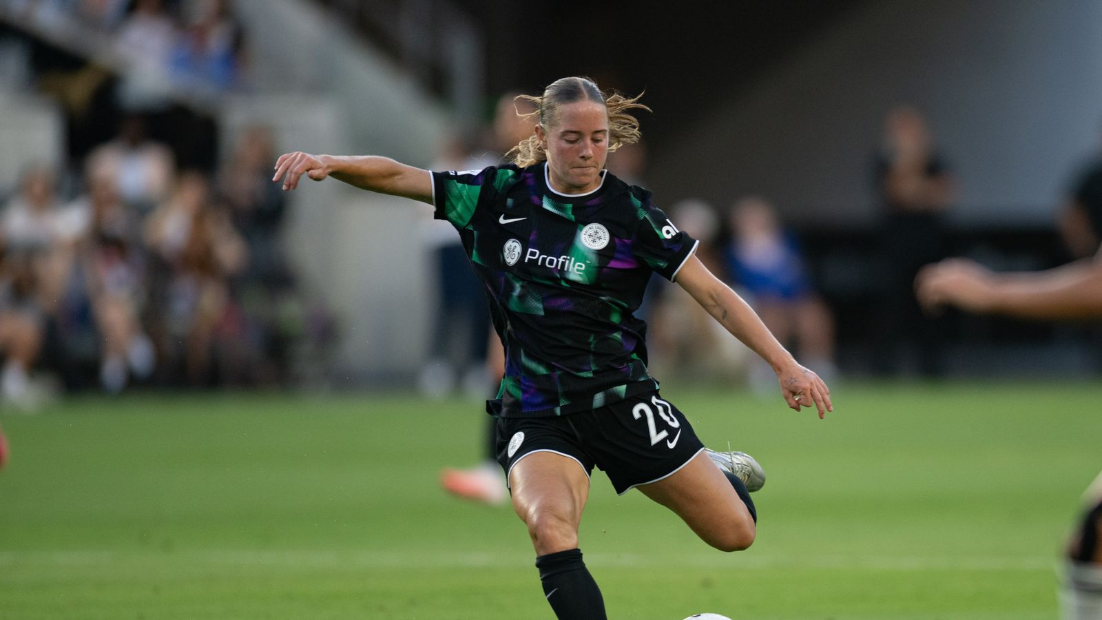 Katie O’Kane of Racing Louisville FC executes a long kick in NWSL action