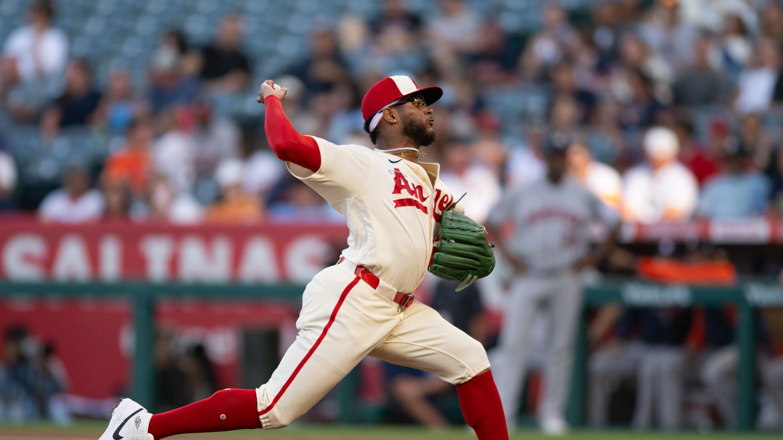 Walbert Urena pitches against the Astros at Angels Stadium