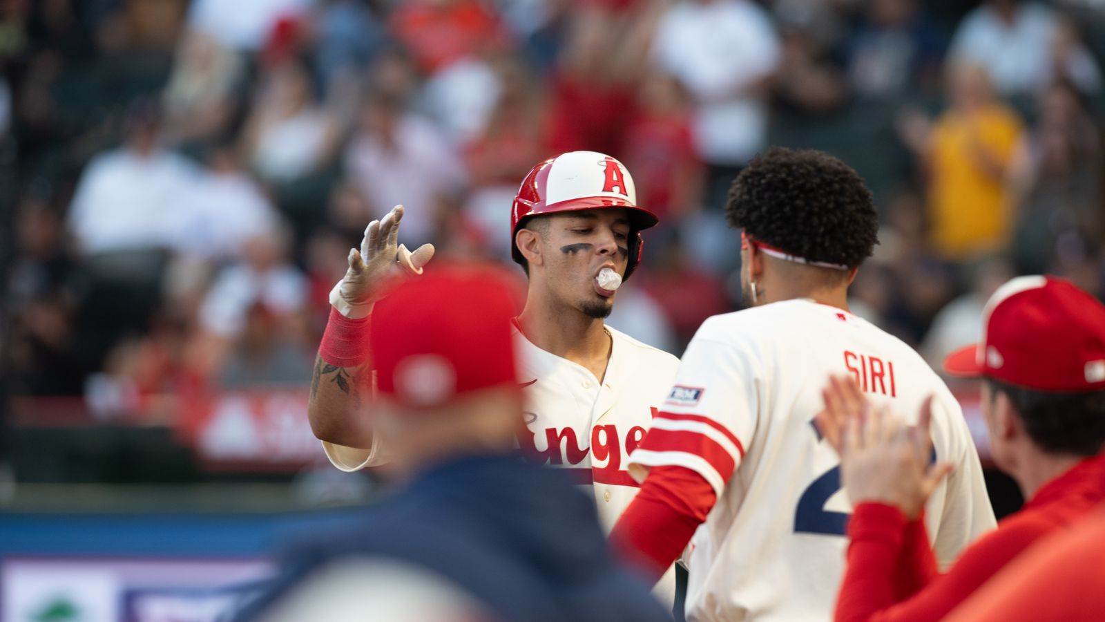 Vaughn Grissom celebrates a homerun at Angels Stadium