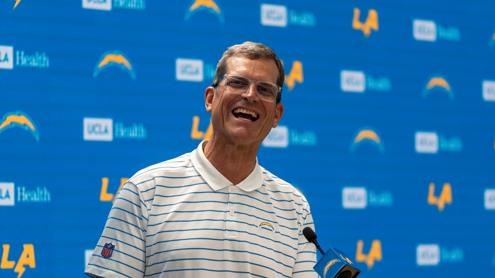 Coach Jim Harbaugh Speaks at Chargers Training Camp