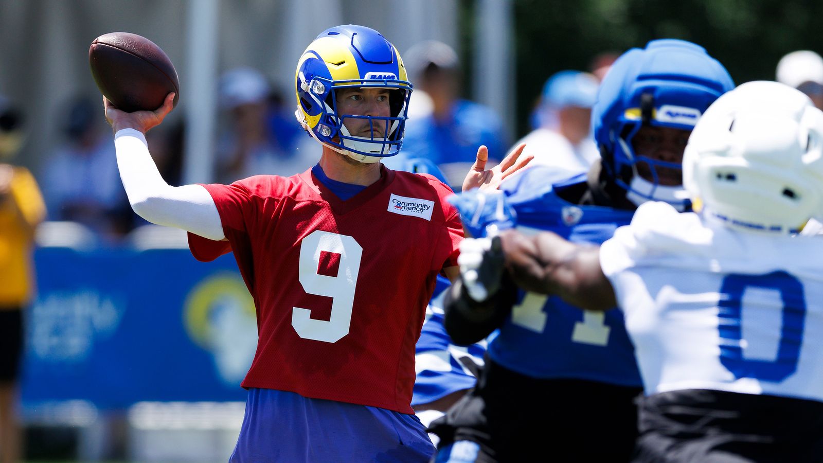 Matthew Stafford #9 Throws Pass at Rams Camp