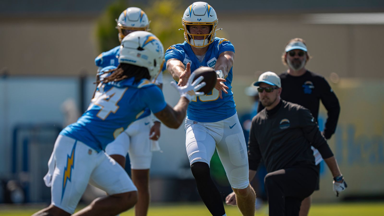 Justin Herbert Pitches to Keaton Mitchell at Camp