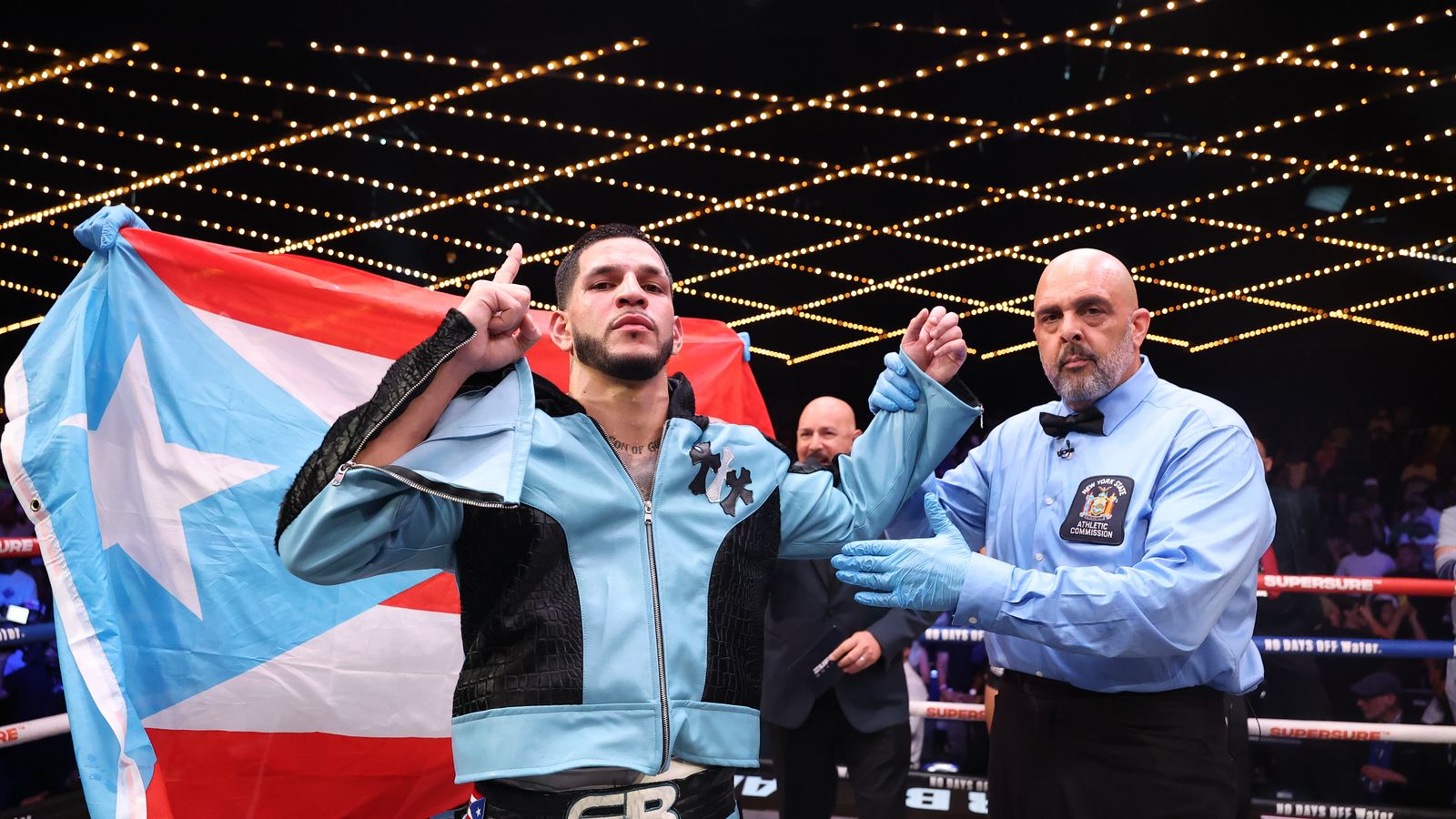 Victorious Edgar Berlanga celebrates his TKO win at Madison Square Garden