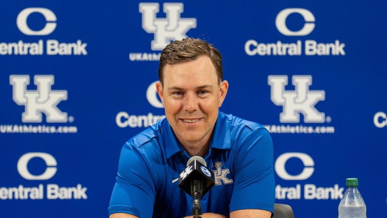Kentucky head football coach Will Stein speaks during a news conference before the start of fall camp in Lexington, Ky., on Aug.