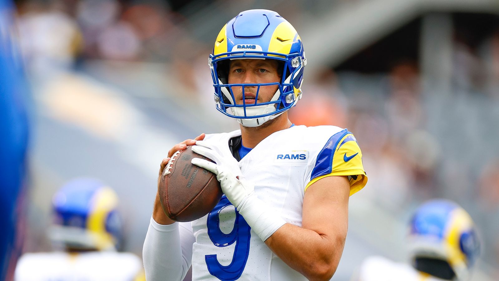 Matthew Stafford warms up against the Bears, Soldier Field, 2024