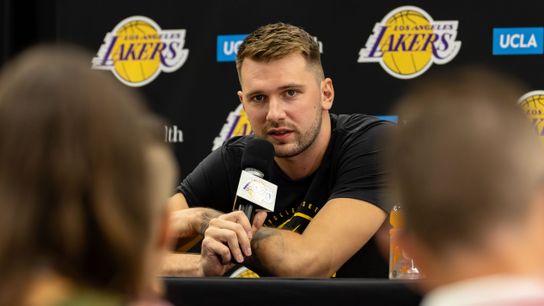 Luka Doncic speaks at Lakers Media Day, 2025.